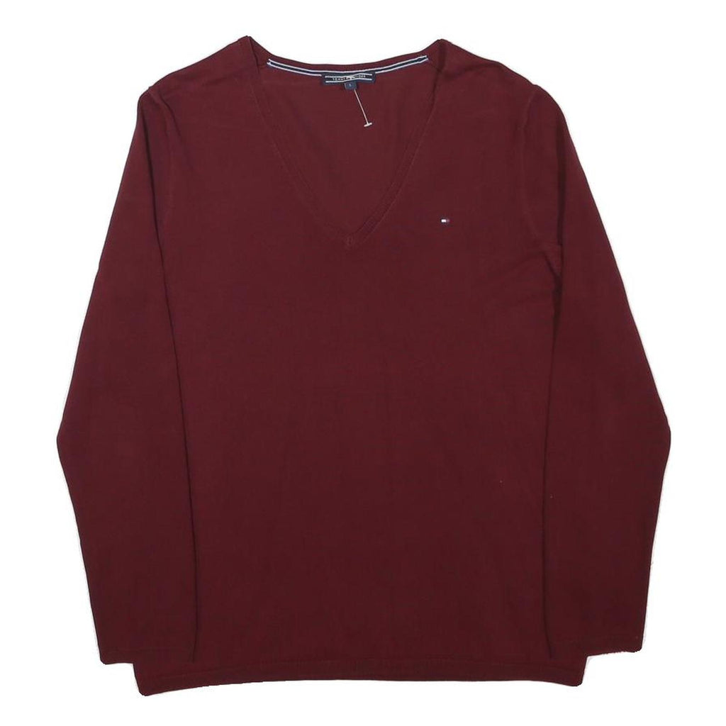 TOMMY HILFIGER Boys Maroon Plain V Neck Basic Knit Jumper L Cotton Blend
