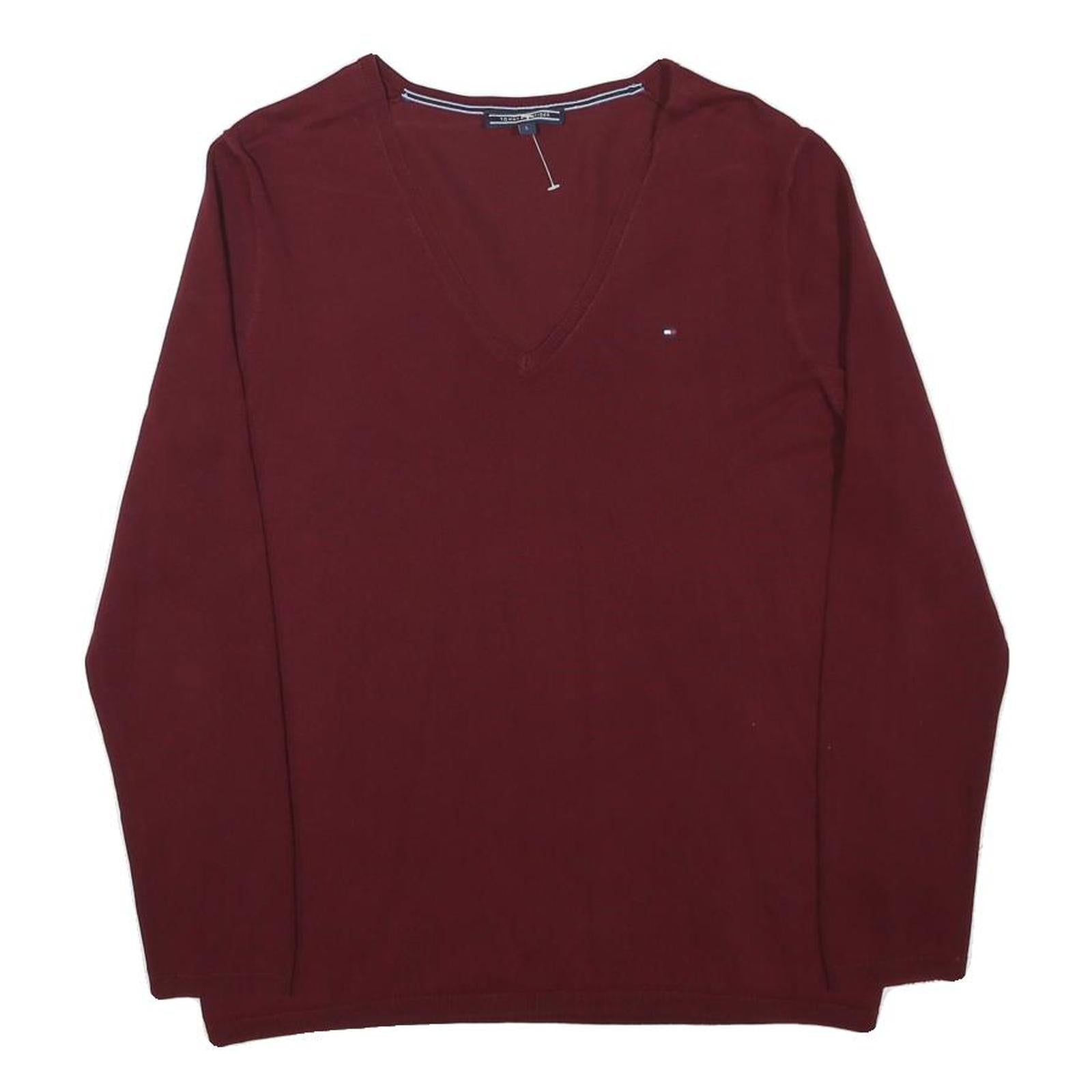 TOMMY HILFIGER Boys Maroon Plain V Neck Basic Knit Jumper L Cotton Blend