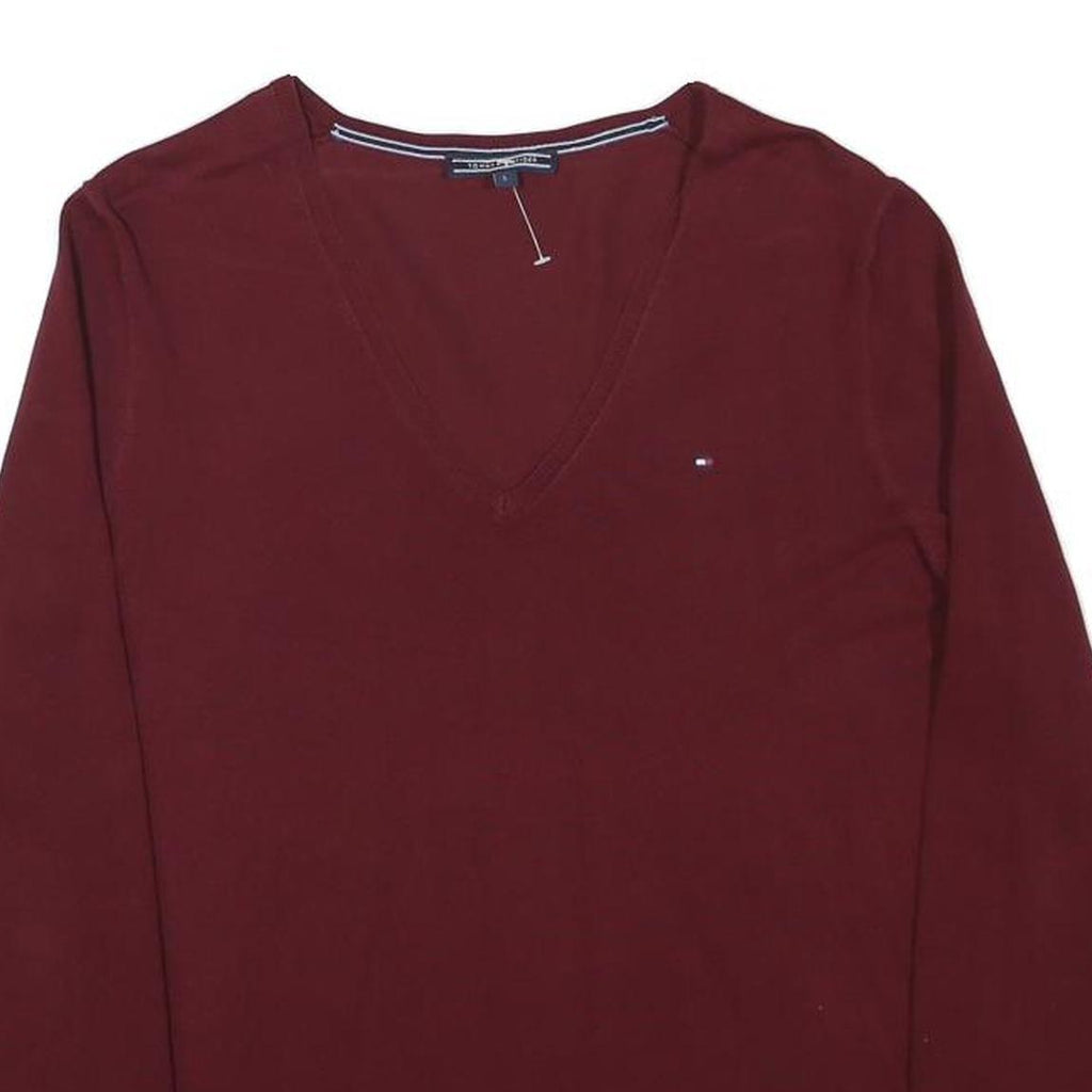 TOMMY HILFIGER Boys Maroon Plain V Neck Basic Knit Jumper L Cotton Blend