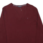 TOMMY HILFIGER Boys Maroon Plain V Neck Basic Knit Jumper L Cotton Blend