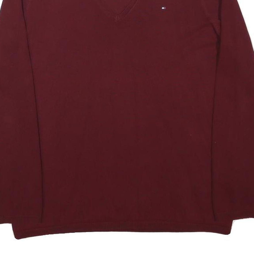 TOMMY HILFIGER Boys Maroon Plain V Neck Basic Knit Jumper L Cotton Blend
