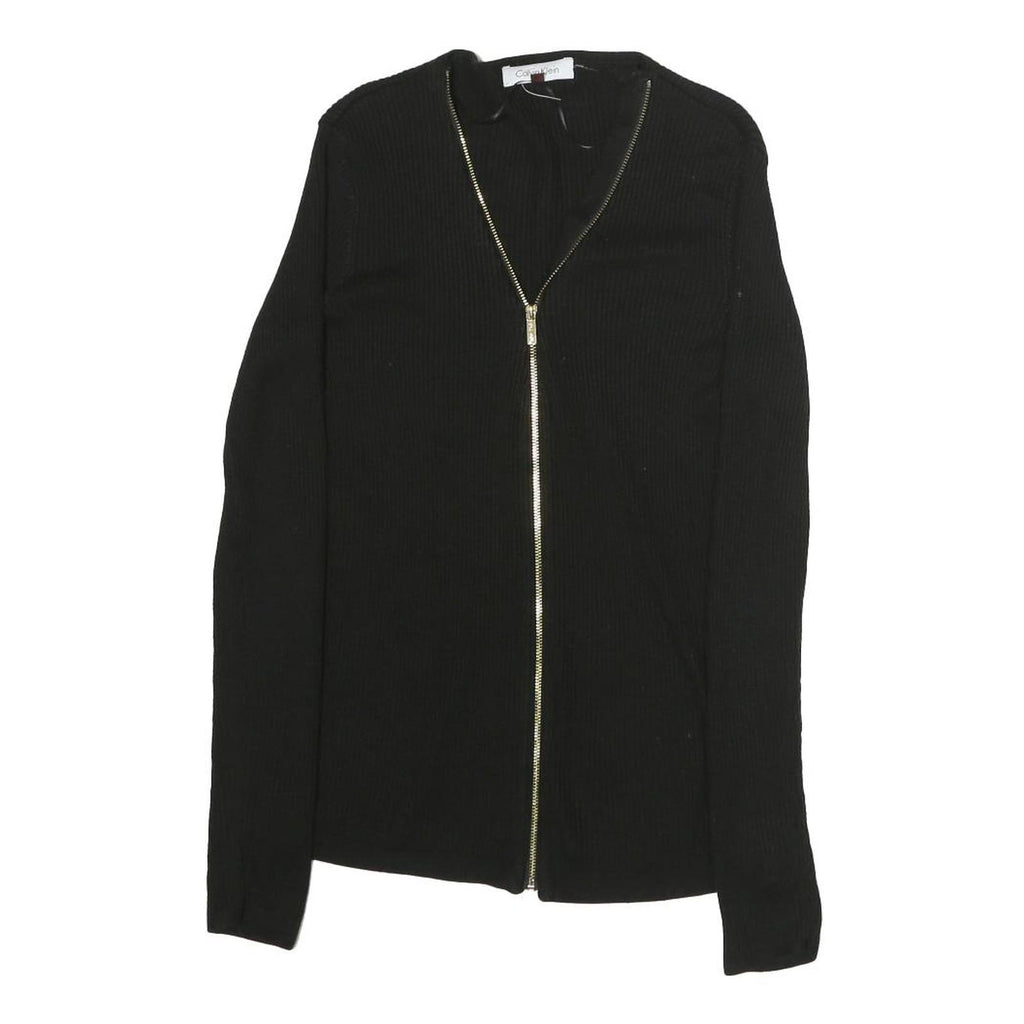 CALVIN KLEIN Womens Black Zip Front Top Long Sleeve V-Neck XS Slim Fit