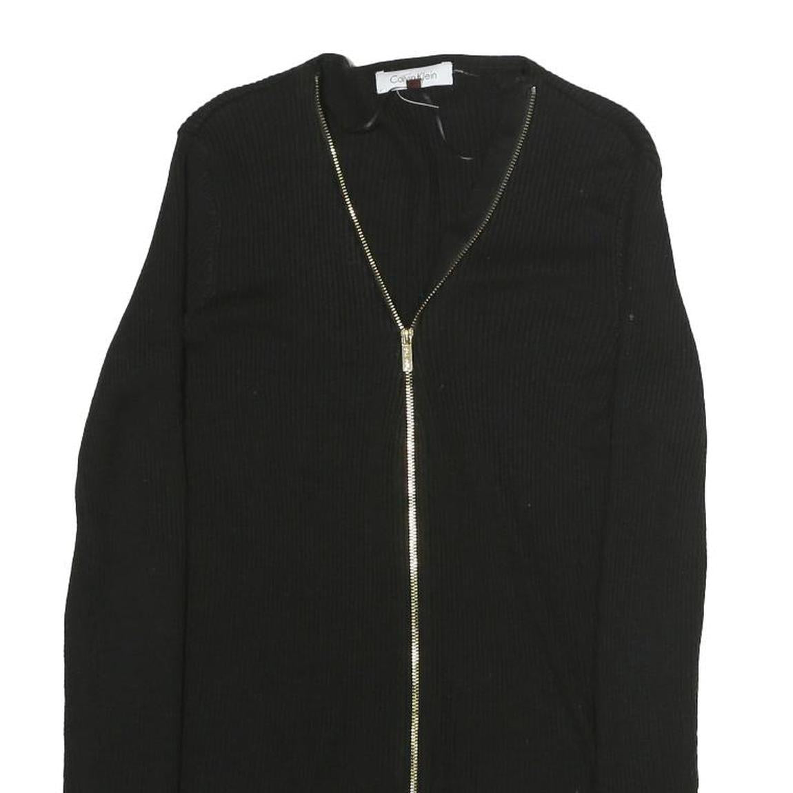 CALVIN KLEIN Womens Black Zip Front Top Long Sleeve V-Neck XS Slim Fit