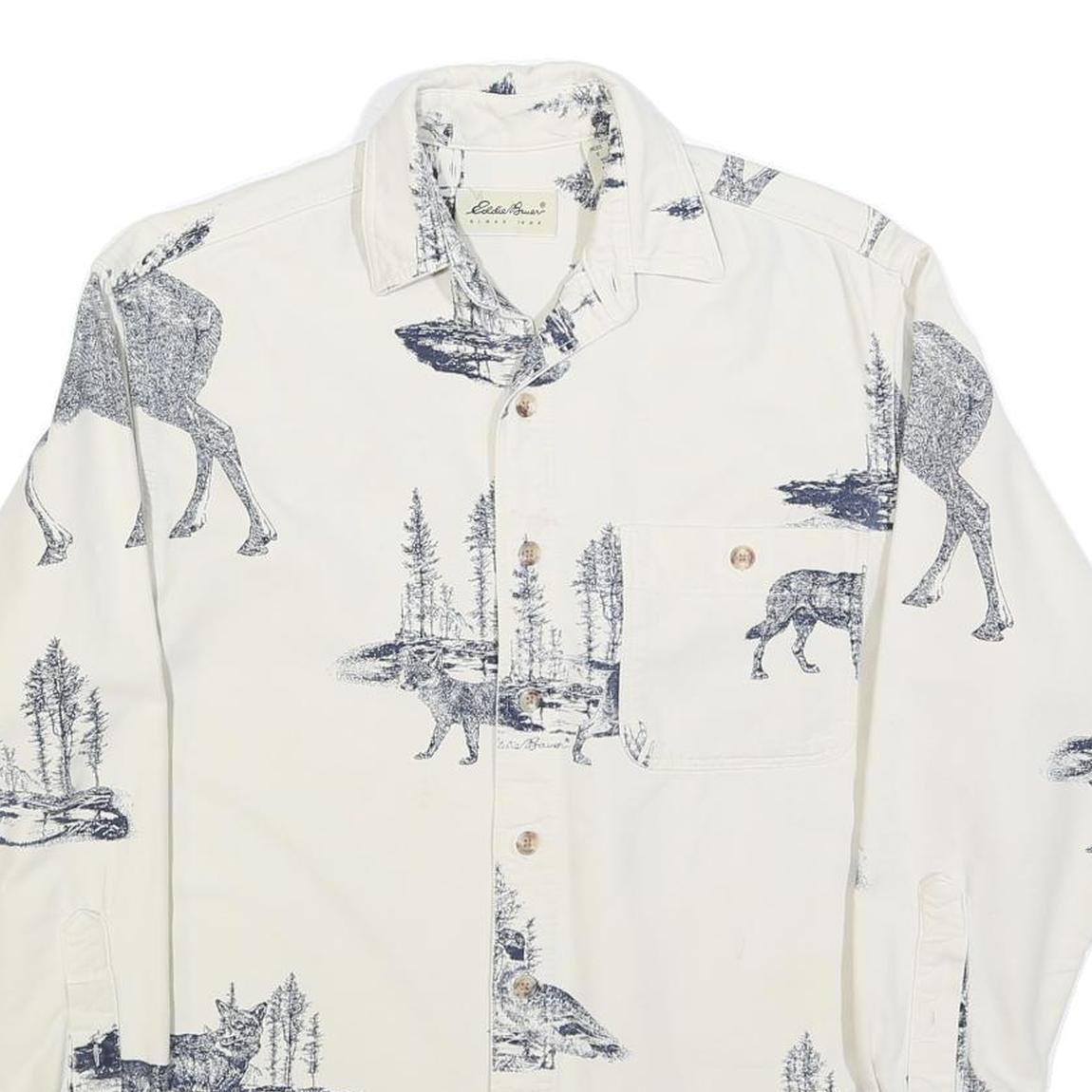 EDDIE BAUER Mens White & Navy Animal Print Cotton Blend Shirt S Casual Long