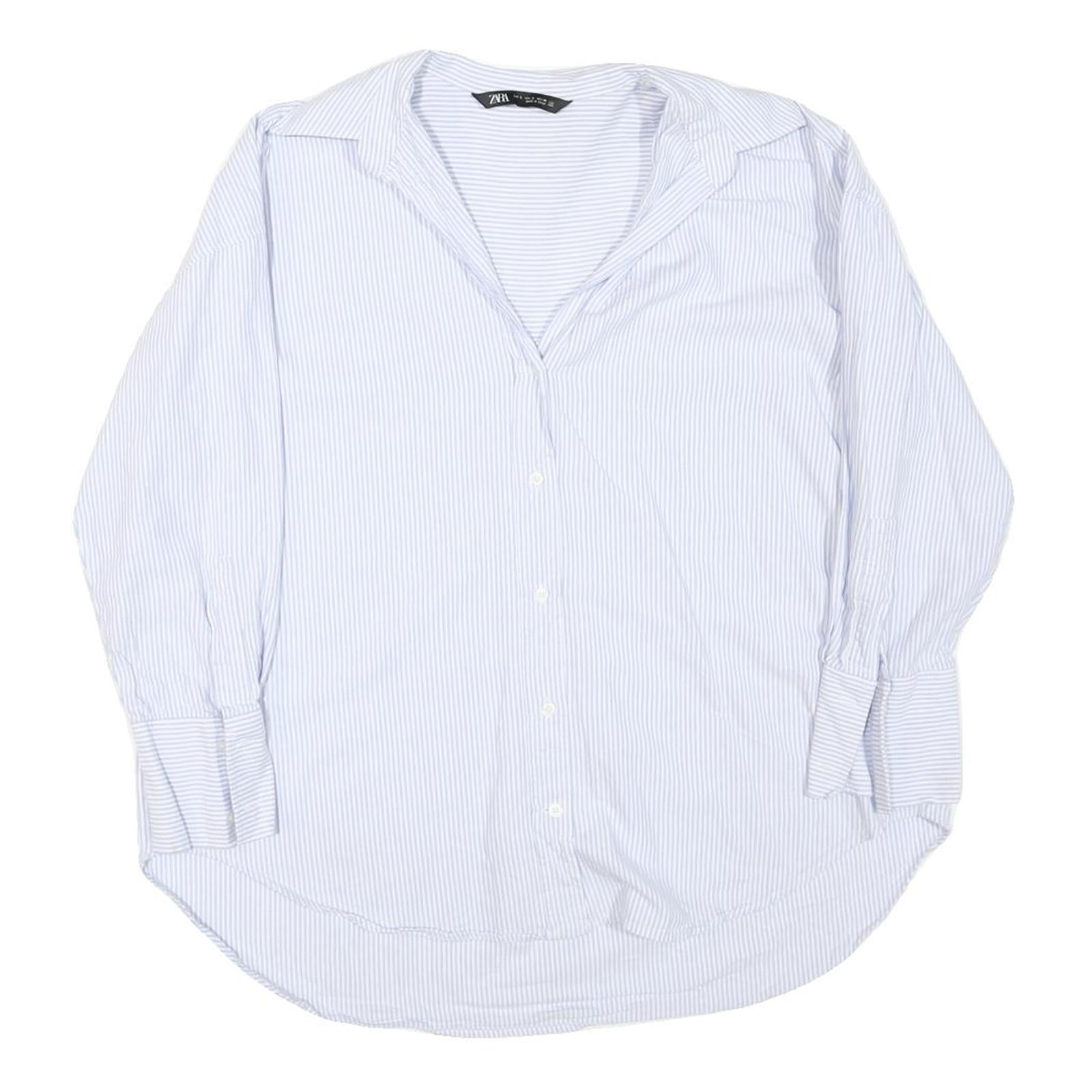 ZARA Womens Blue & White Striped Shirt S Cotton Blend Casual Long Sleeve