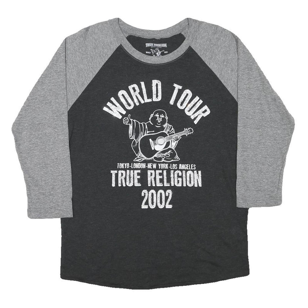 TRUE RELIGION Womens Grey & Black World Tour Graphic 3/4 Sleeve Crew Neck S
