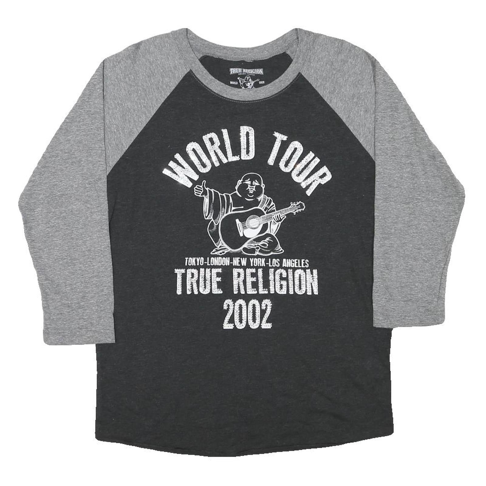TRUE RELIGION Womens Grey & Black World Tour Graphic 3/4 Sleeve Crew Neck S