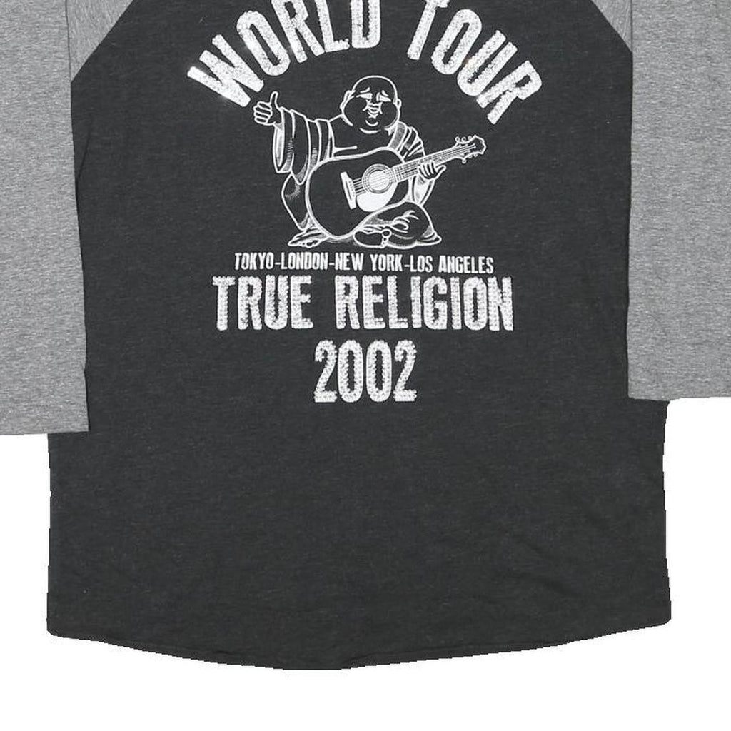 TRUE RELIGION Womens Grey & Black World Tour Graphic 3/4 Sleeve Crew Neck S