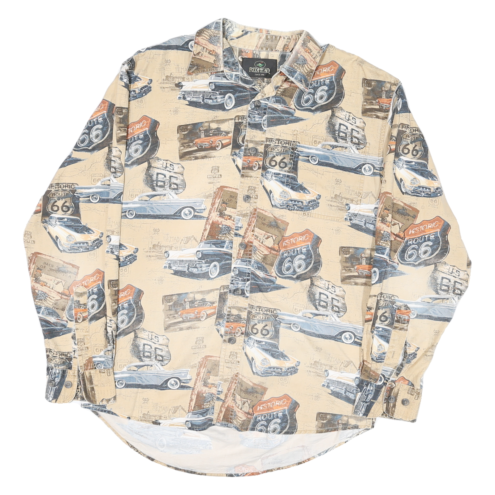 REDHEAD Mens Beige Route 66 Classic Cars Cotton Blend Shirt S Vintage Print