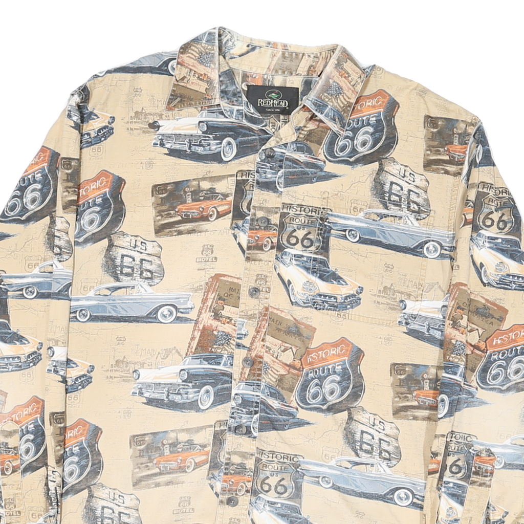 REDHEAD Mens Beige Route 66 Classic Cars Cotton Blend Shirt S Vintage Print