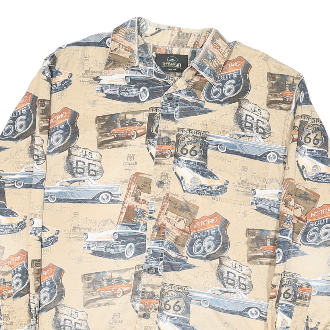 REDHEAD Mens Beige Route 66 Classic Cars Cotton Blend Shirt S Vintage Print