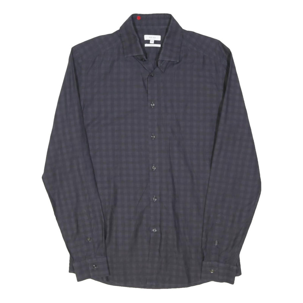 REISS Mens Navy Blue Check Shirt M Cotton Blend Long Sleeve Button Down Collar