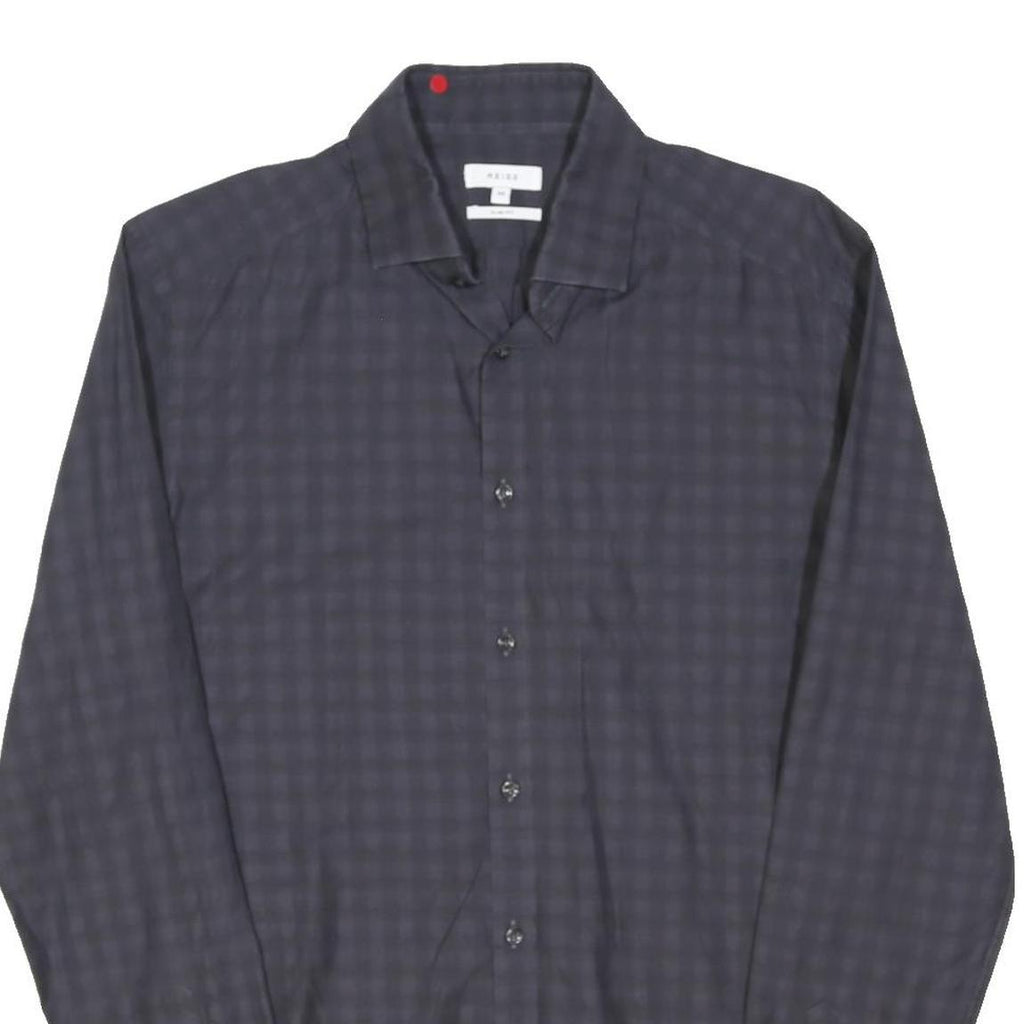 REISS Mens Navy Blue Check Shirt M Cotton Blend Long Sleeve Button Down Collar