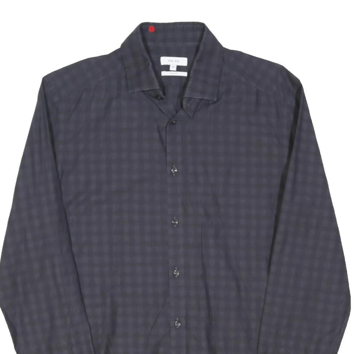 REISS Mens Navy Blue Check Shirt M Cotton Blend Long Sleeve Button Down Collar