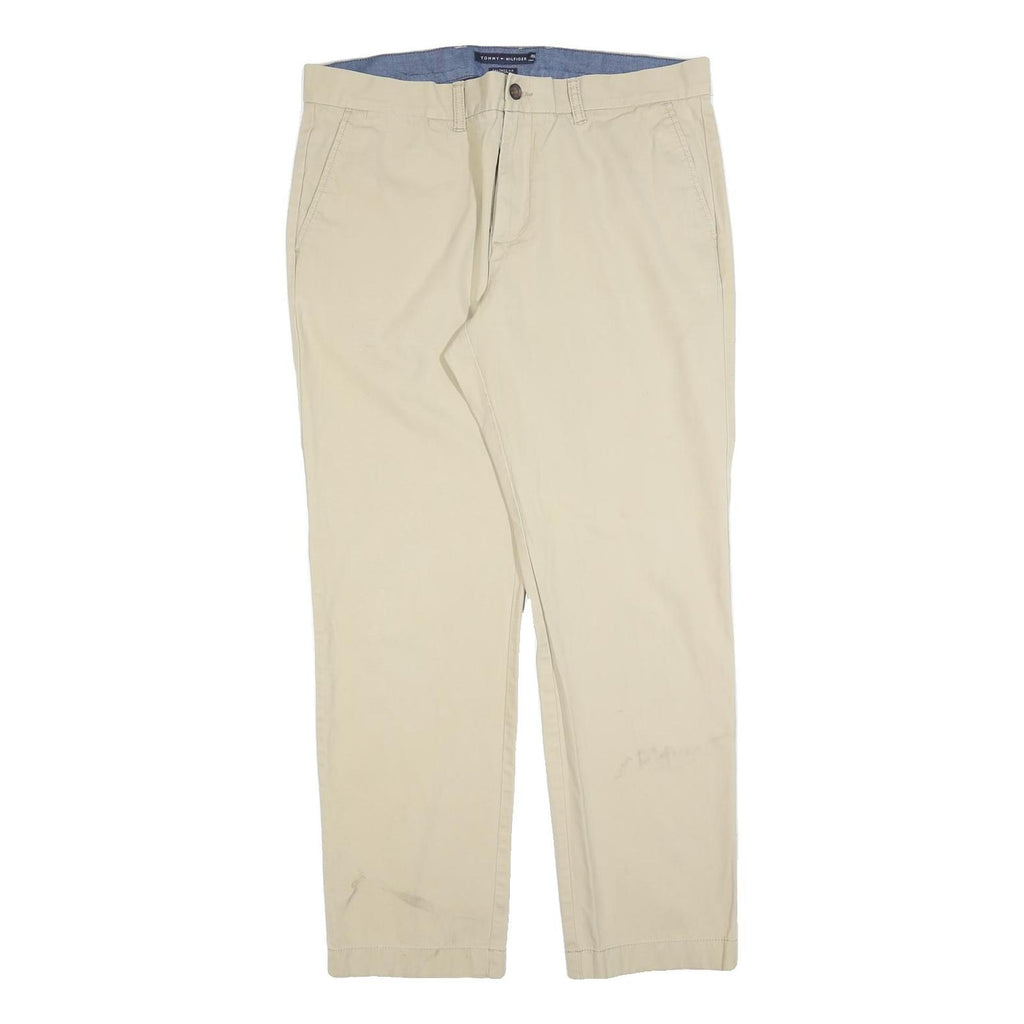 TOMMY HILFIGER Mens Slim Beige Cotton Blend Trousers W36 L32 Zip Classic