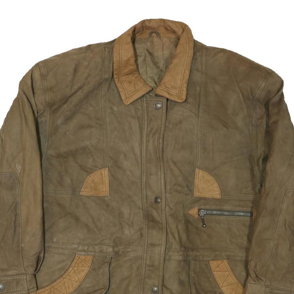 Womens Brown Leather Zip Jacket XL Patch Detail Classic Outerwear