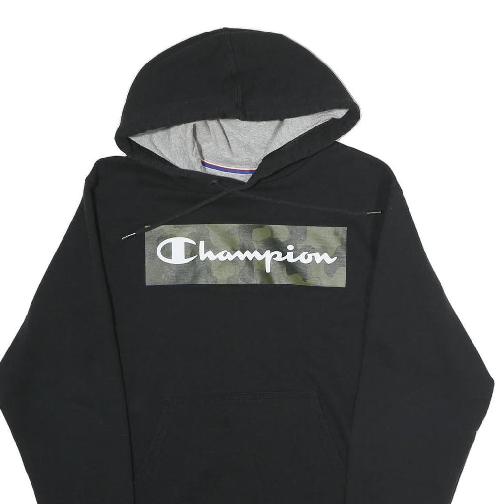 CHAMPION Mens Black Hooded Pullover Hoodie S Cotton Blend Camouflage Logo
