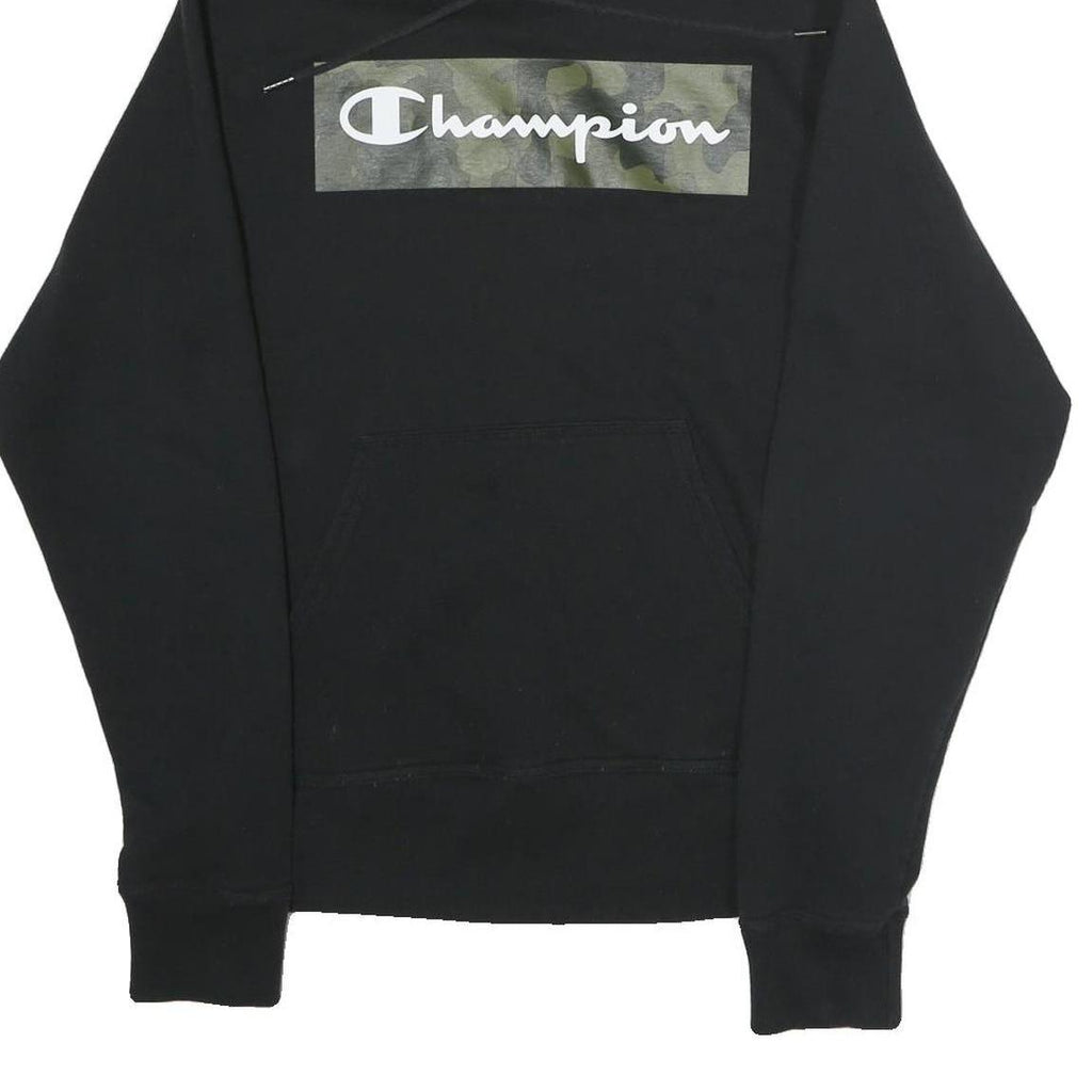 CHAMPION Mens Black Hooded Pullover Hoodie S Cotton Blend Camouflage Logo