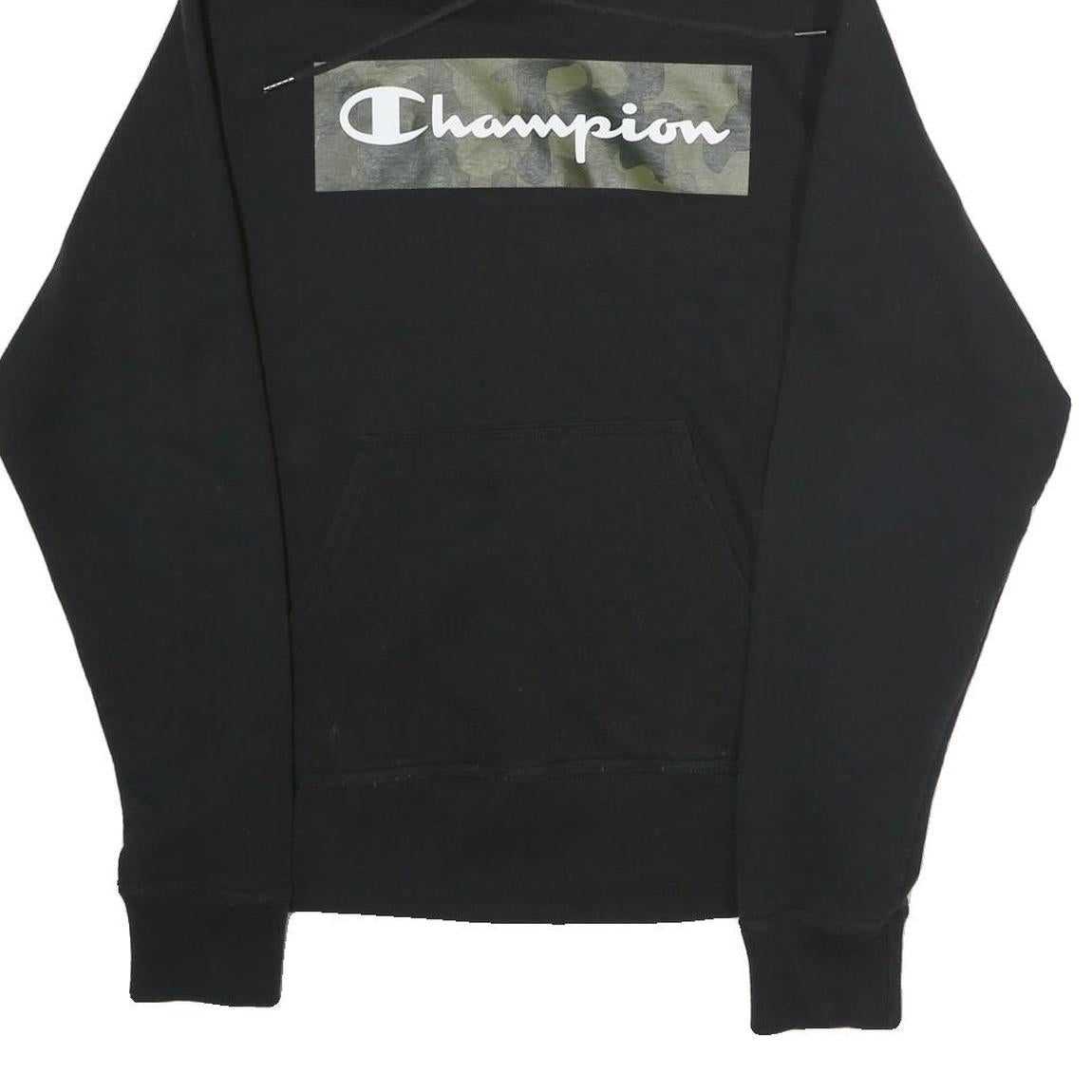 CHAMPION Mens Black Hooded Pullover Hoodie S Cotton Blend Camouflage Logo