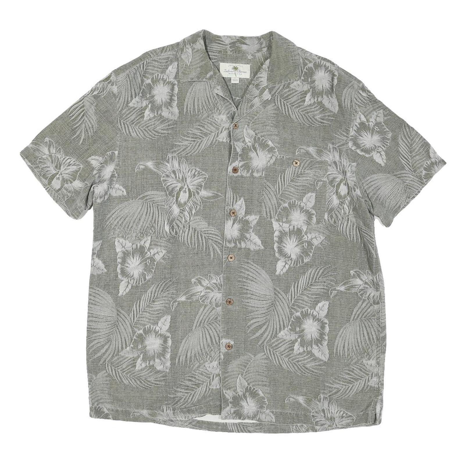 ISLAND SHORES Mens Grey & White Floral Print Cotton Blend Shirt L Tropical
