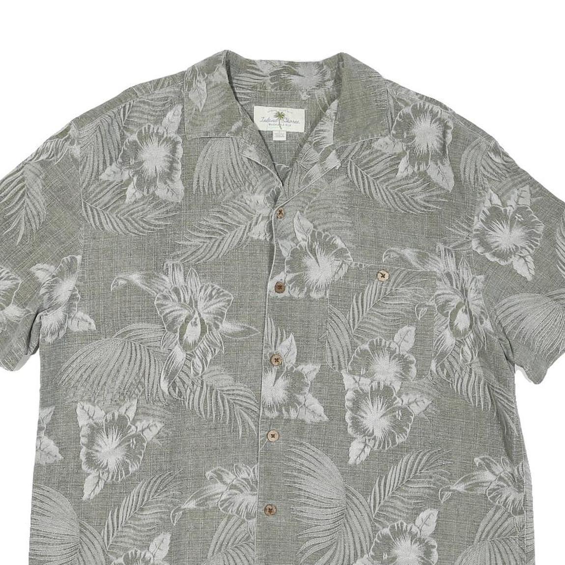 ISLAND SHORES Mens Grey & White Floral Print Cotton Blend Shirt L Tropical