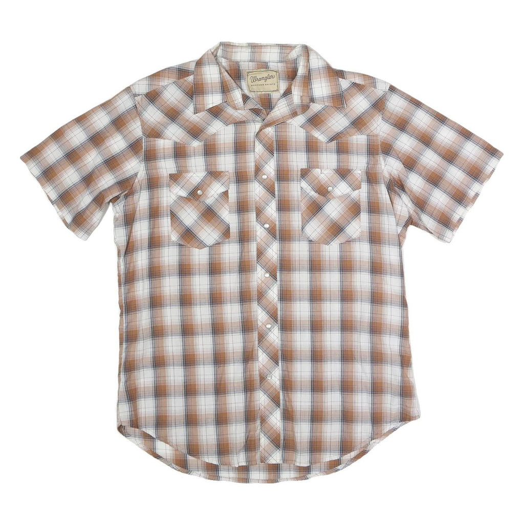 WRANGLER Mens Beige & White Cotton Blend Shirt M Western Style Short Sleeve