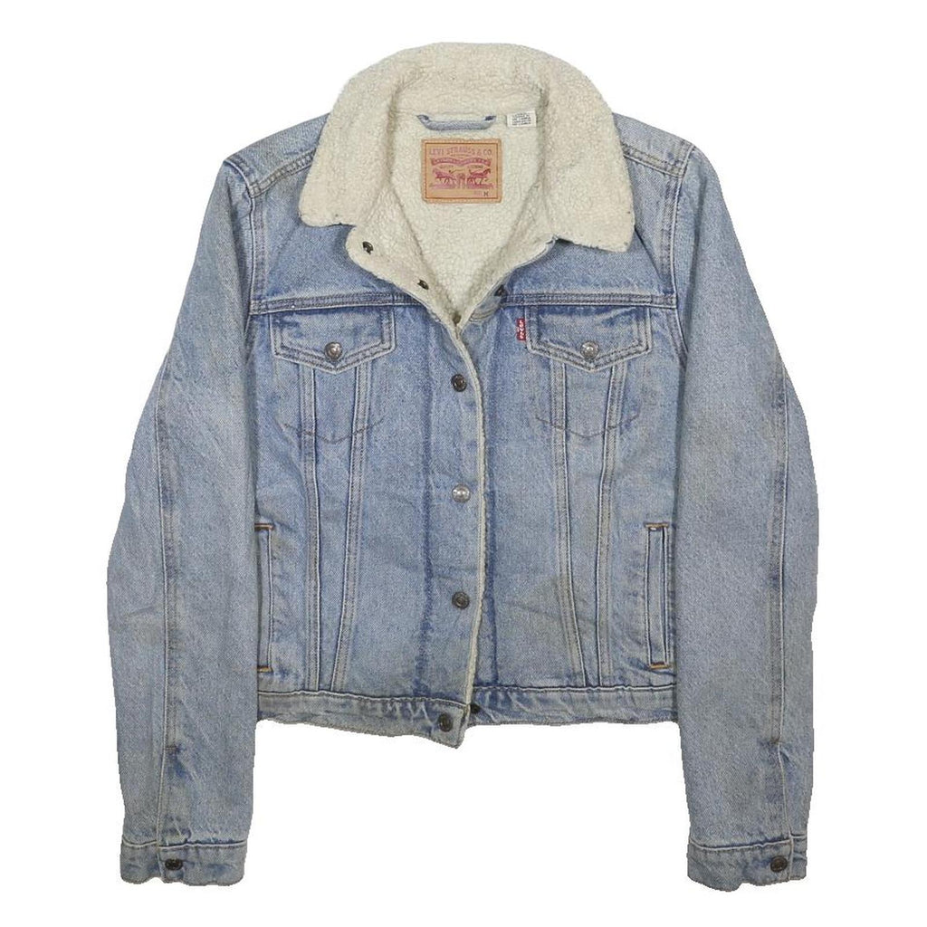 LEVI'S Womens Blue Denim Sherpa Collar Jacket M Cotton Button Winter Outerwear