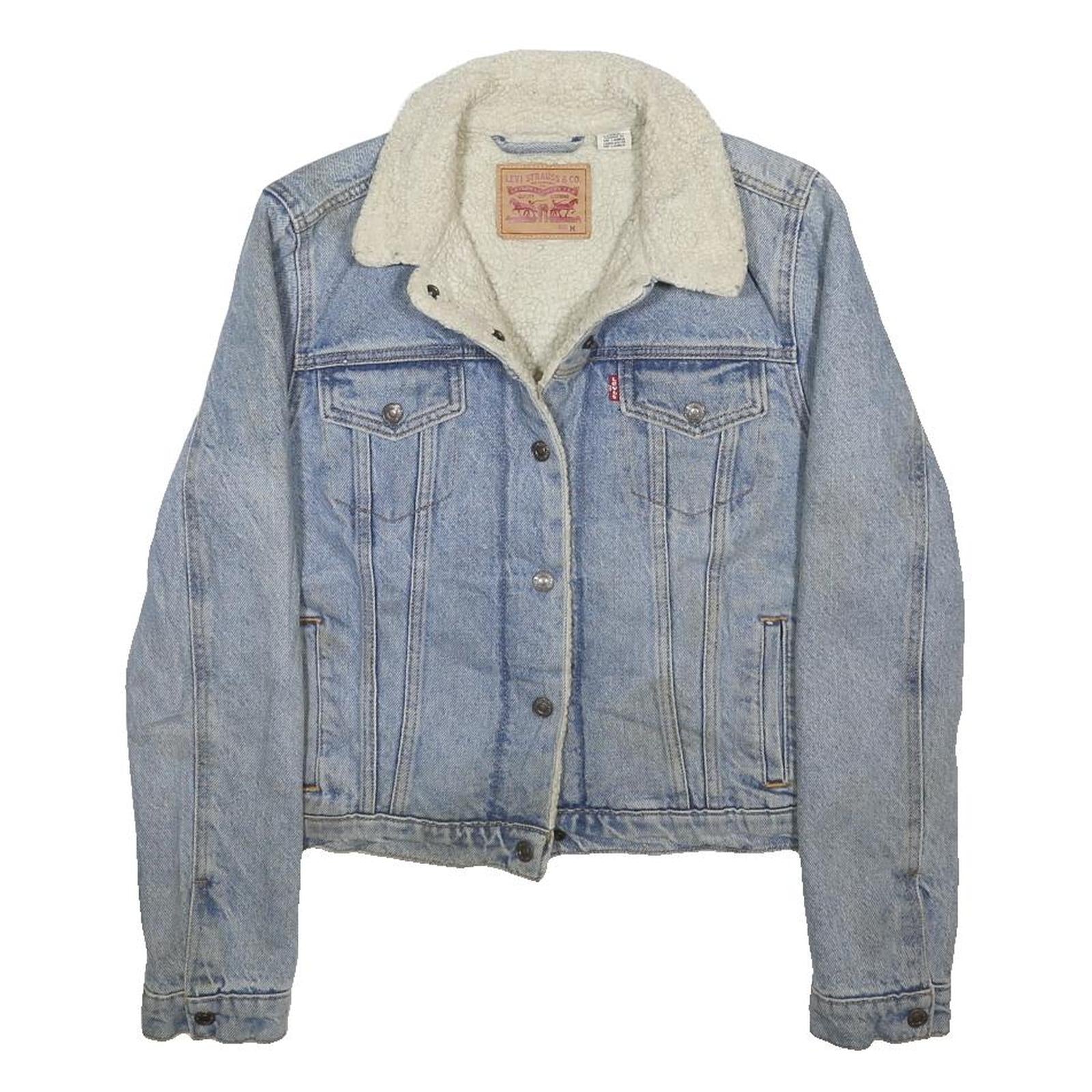 LEVI'S Womens Blue Denim Sherpa Collar Jacket M Cotton Button Winter Outerwear