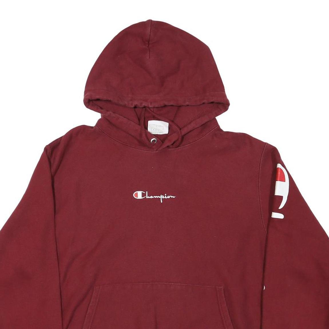 CHAMPION Mens Maroon Hoodie L Cotton Blend Pullover Sweatshirt Logo Sleeve