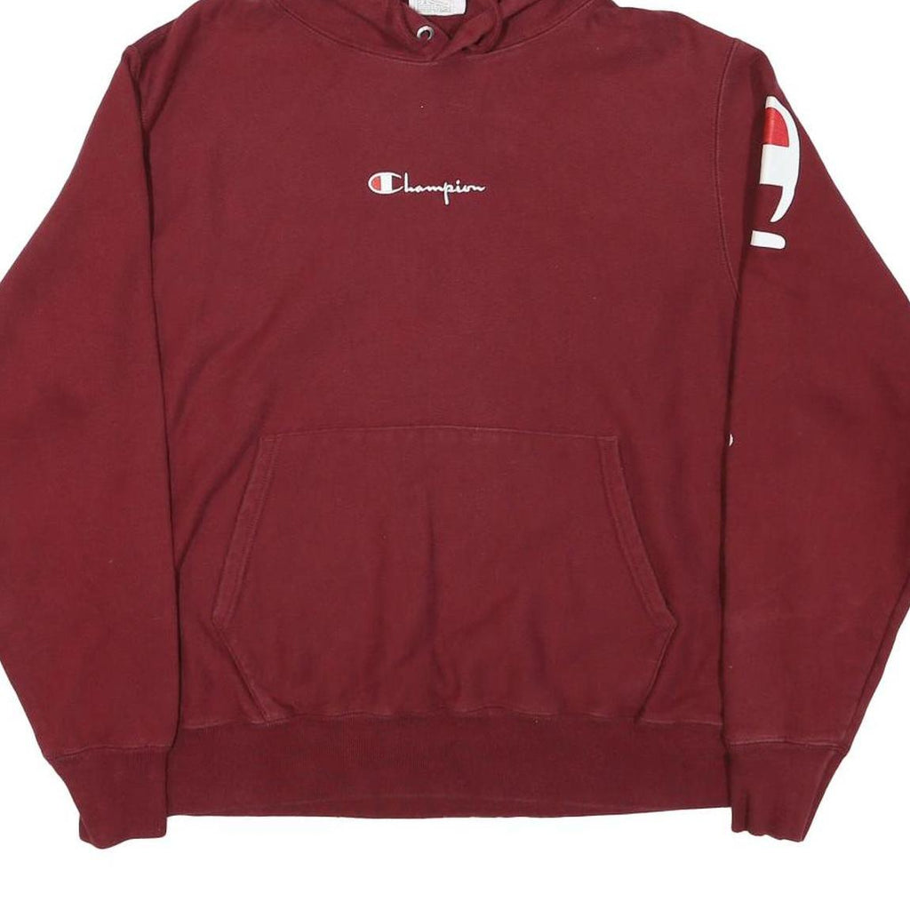 CHAMPION Mens Maroon Hoodie L Cotton Blend Pullover Sweatshirt Logo Sleeve