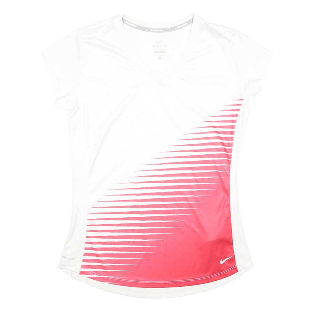 NIKE RUNNING Womens White & Pink Graphic T-Shirt M V-Neck Short Sleeve