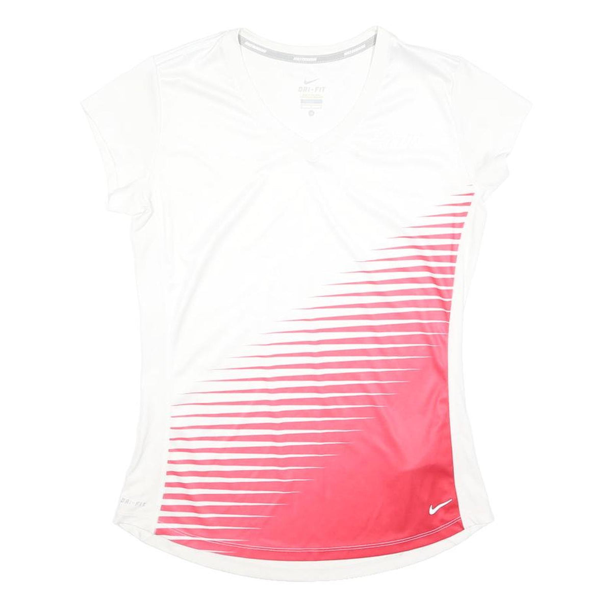 NIKE RUNNING Womens White & Pink Graphic T-Shirt M V-Neck Short Sleeve