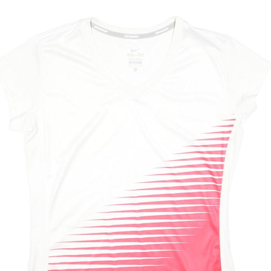 NIKE RUNNING Womens White & Pink Graphic T-Shirt M V-Neck Short Sleeve