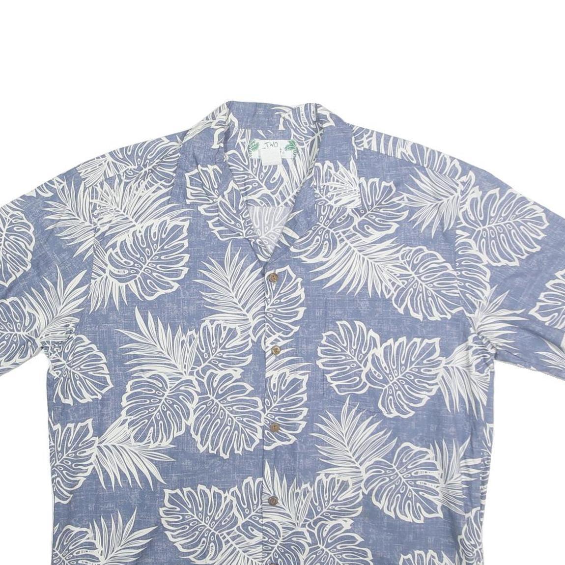 TWO PALMS Mens Blue & White Floral Cotton Shirt L Hawaiian Beach Style