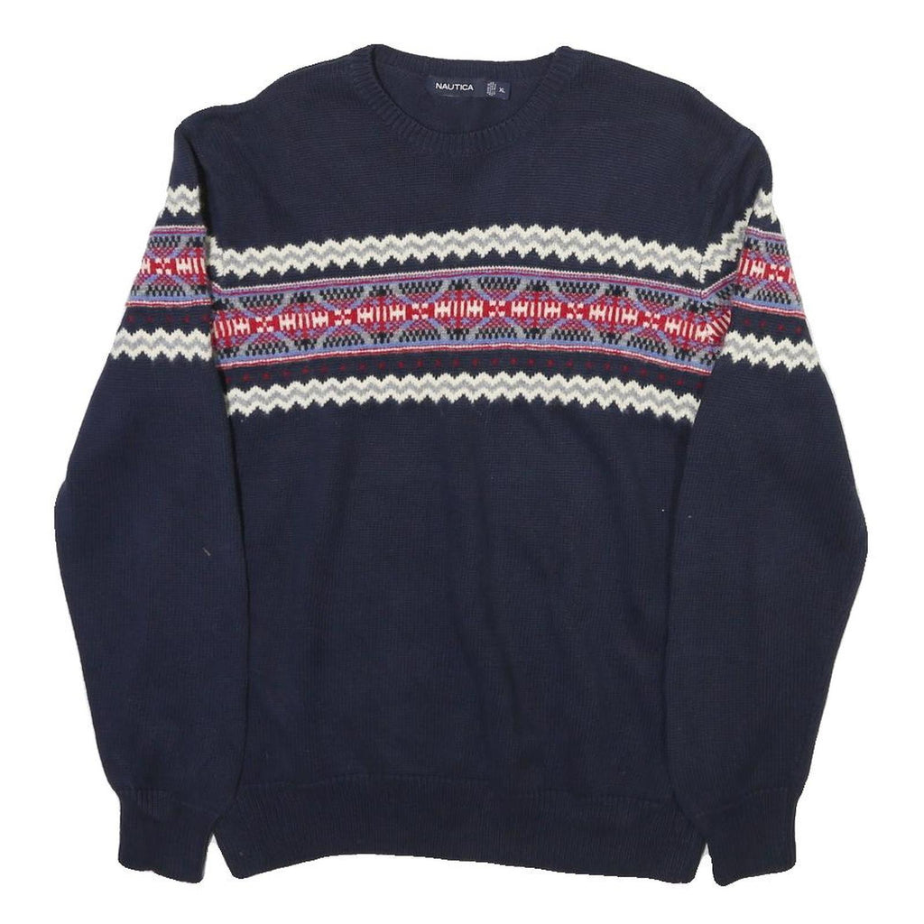 NAUTICA Mens Navy Blue Patterned Jumper Crew Neck Basic Knit L Cotton Blend