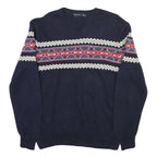 NAUTICA Mens Navy Blue Patterned Jumper Crew Neck Basic Knit L Cotton Blend