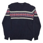 NAUTICA Mens Navy Blue Patterned Jumper Crew Neck Basic Knit L Cotton Blend