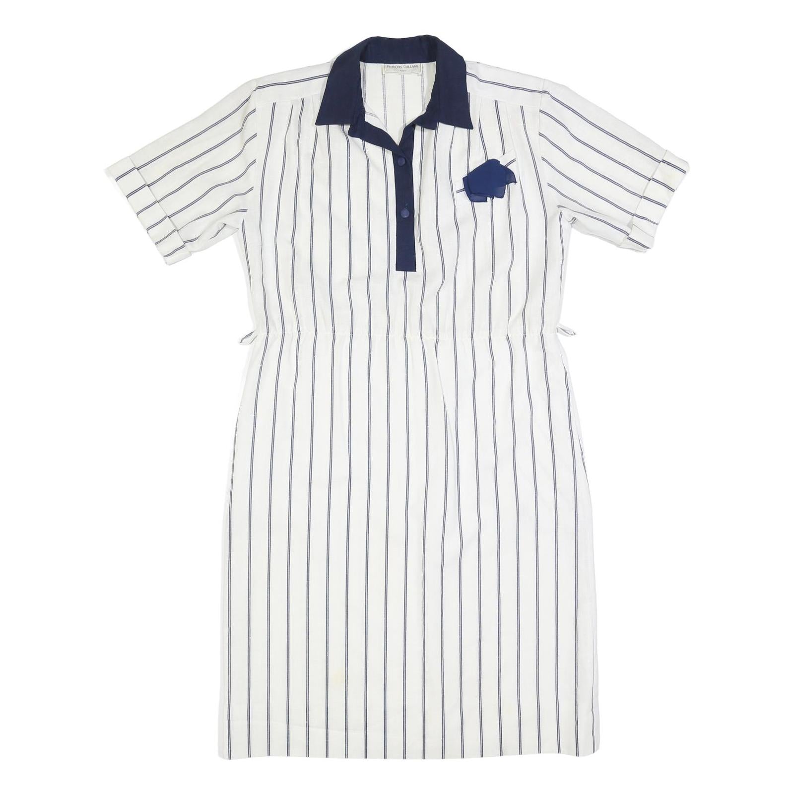 FRANCOIS GALLAND Womens White & Navy Striped Shirt Dress Cotton Short Sleeve L