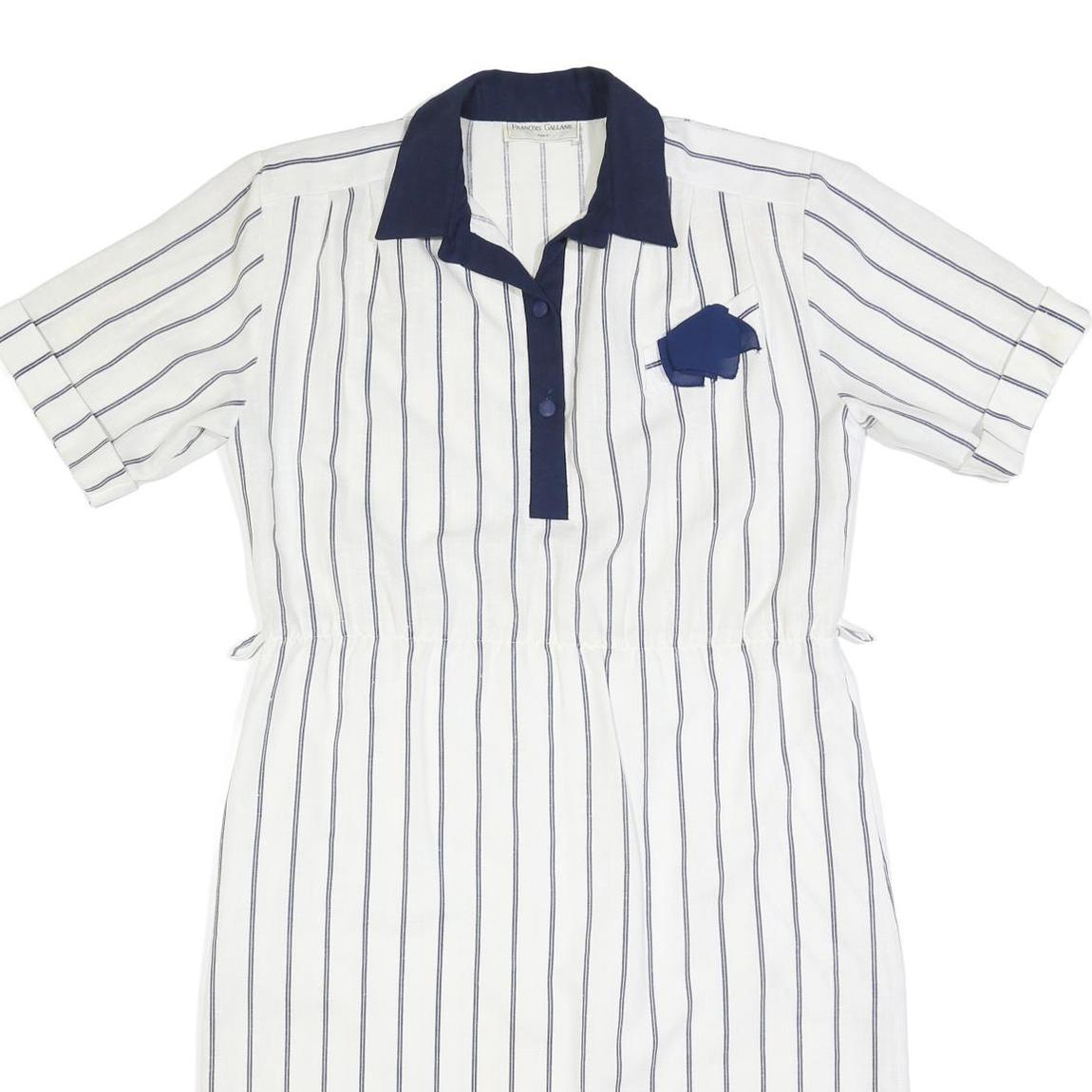 FRANCOIS GALLAND Womens White & Navy Striped Shirt Dress Cotton Short Sleeve L