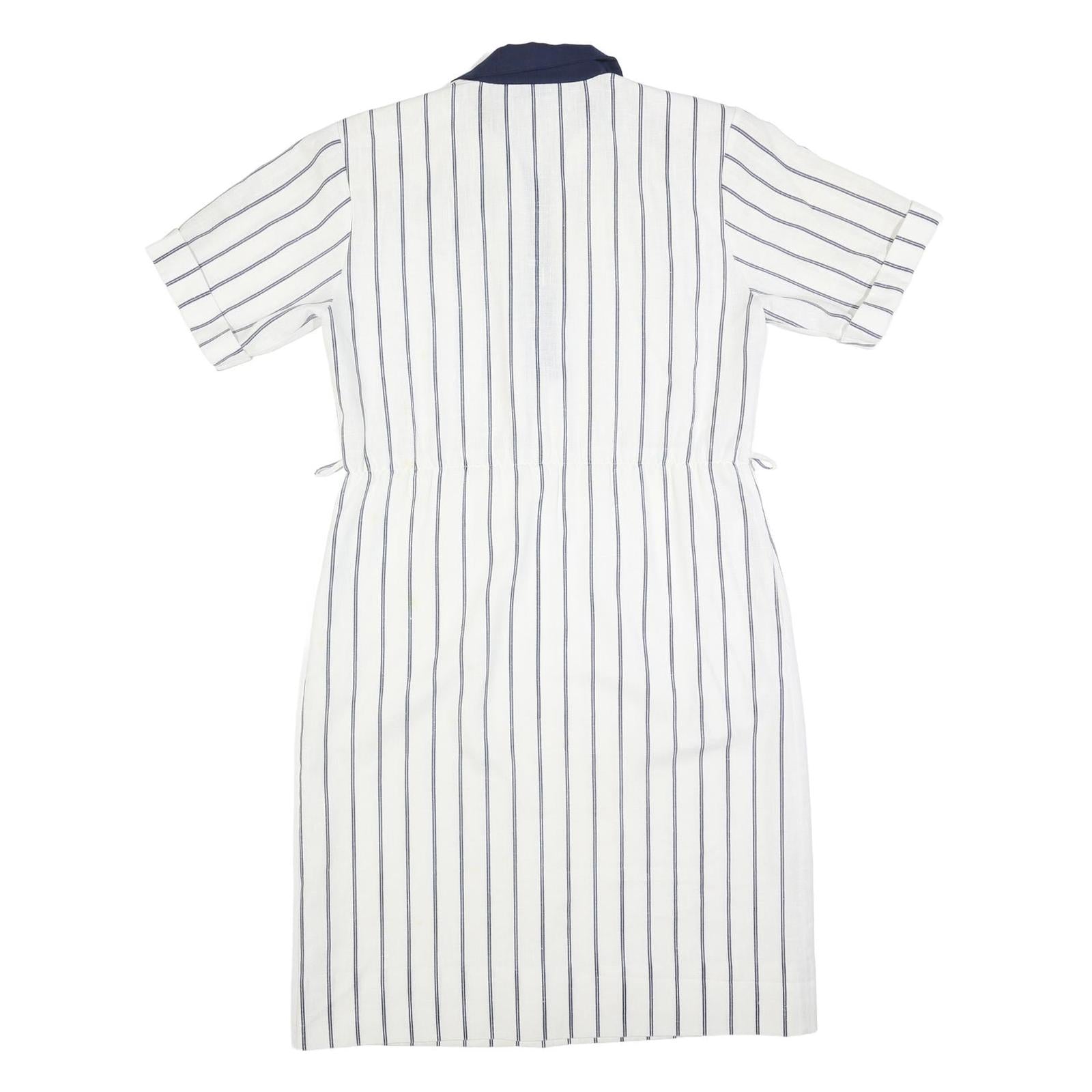 FRANCOIS GALLAND Womens White & Navy Striped Shirt Dress Cotton Short Sleeve L