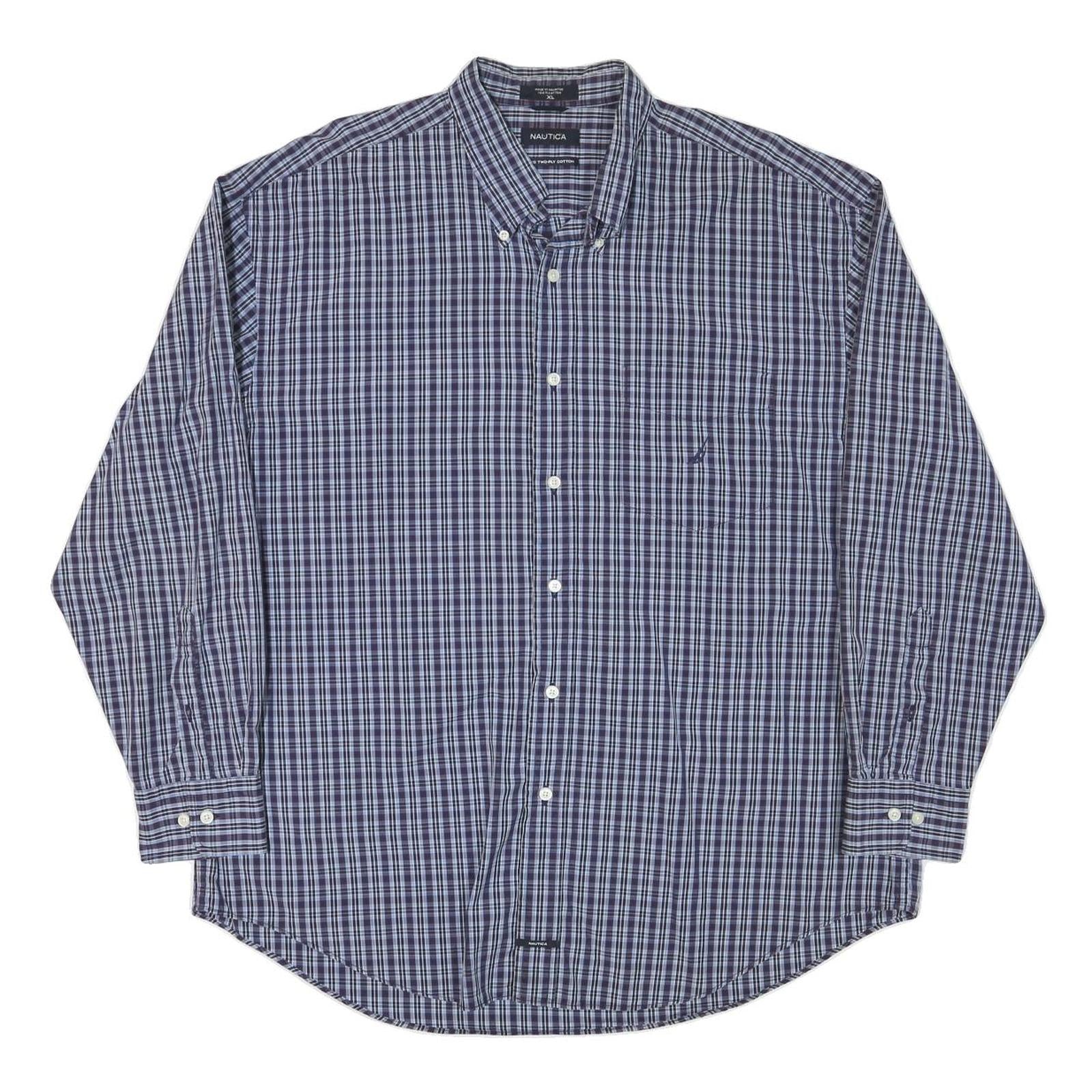 NAUTICA Mens Blue & Navy Check Shirt XL Long Sleeve Button Down Casual