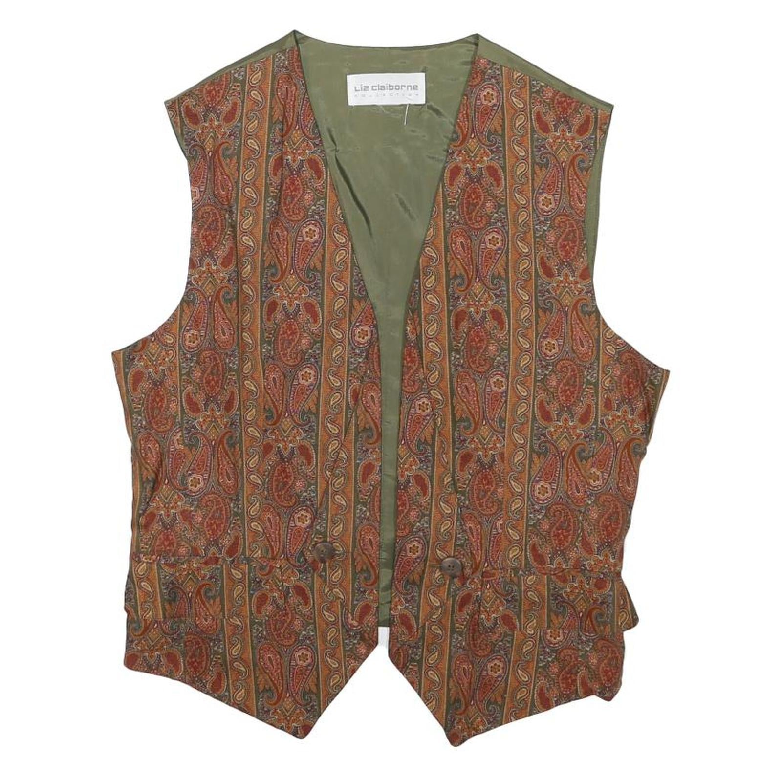 LIZ CLAIBORNE Womens Green & Rust Paisley Vest S Polyester Blend Waistcoat