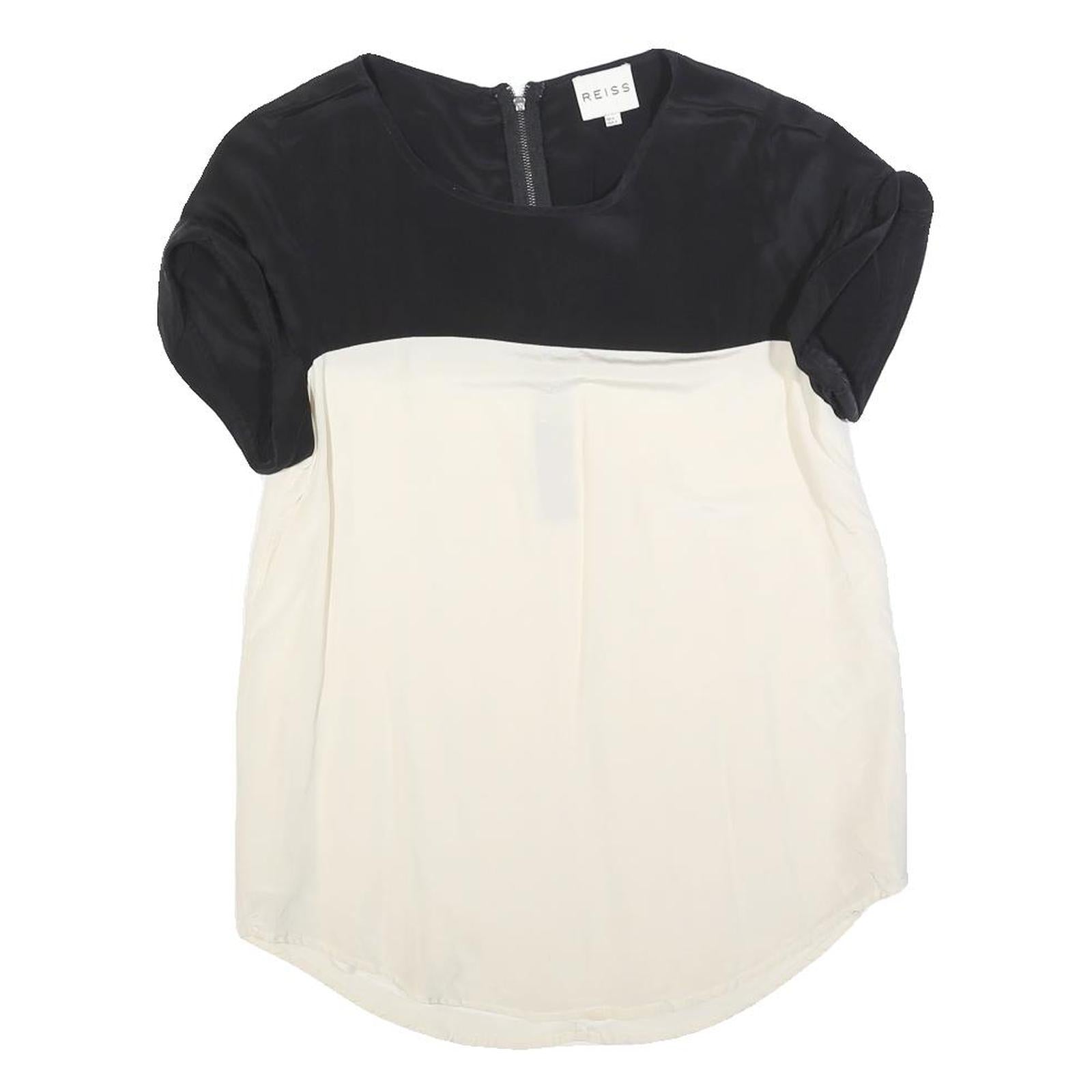REISS Womens Black & White Silk Plain Top Short Sleeve Round Neck UK 6 Silk