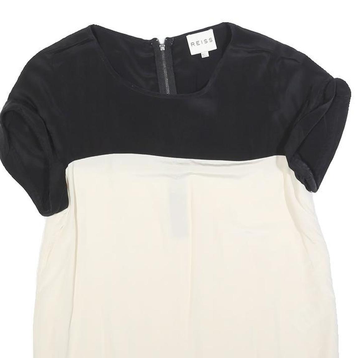 REISS Womens Black & White Silk Plain Top Short Sleeve Round Neck UK 6 Silk