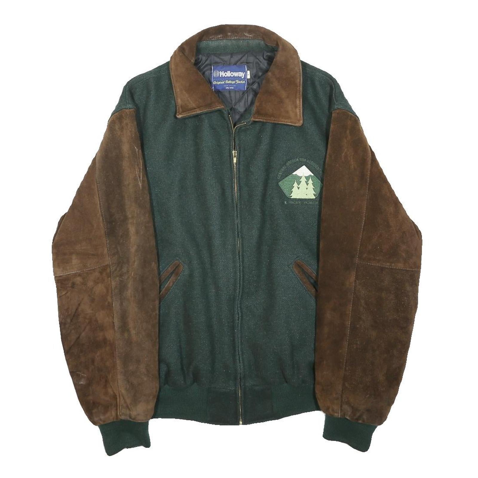 HOLLOWAY Mens Green & Brown Wool Zipped Bomber Jacket L Suede Sleeves