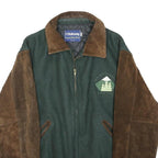 HOLLOWAY Mens Green & Brown Wool Zipped Bomber Jacket L Suede Sleeves