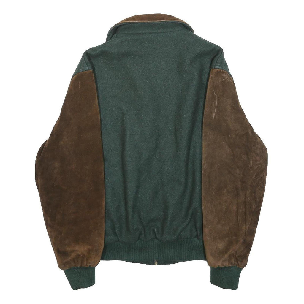 HOLLOWAY Mens Green & Brown Wool Zipped Bomber Jacket L Suede Sleeves
