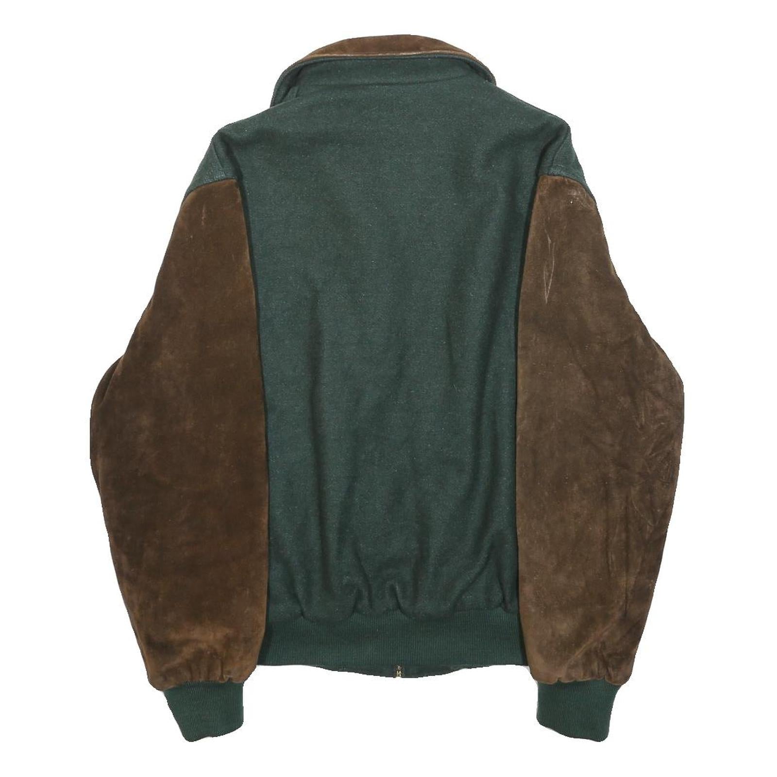 HOLLOWAY Mens Green & Brown Wool Zipped Bomber Jacket L Suede Sleeves