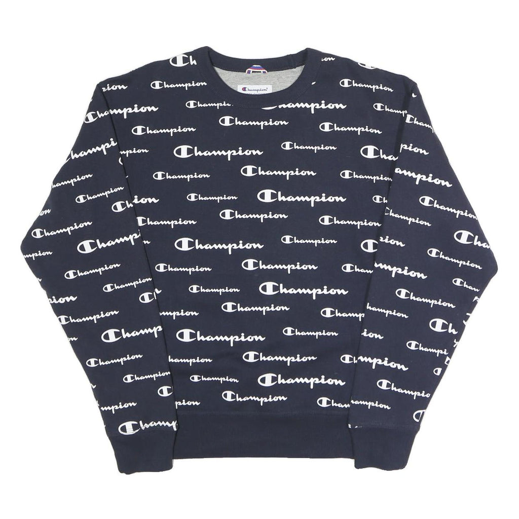 CHAMPION Mens Navy Blue All Over Logo Crew Neck M Cotton Blend Sweatshirt