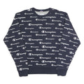 CHAMPION Mens Navy Blue All Over Logo Crew Neck M Cotton Blend Sweatshirt